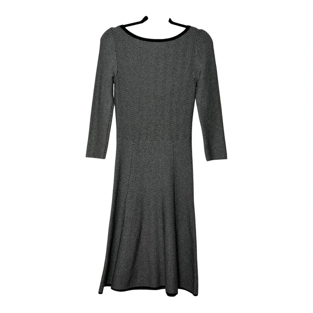 Ann‎ Taylor Petite Black White Herringbone Fit and Flare Sweater Dress XSP NWT